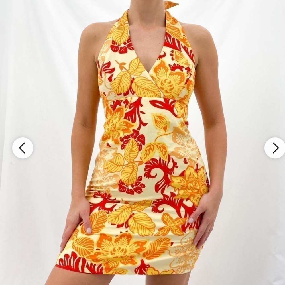 Vintage Y2K Tropical Hawaiian Halter Mini Dress Pinup Bombshell Reversible